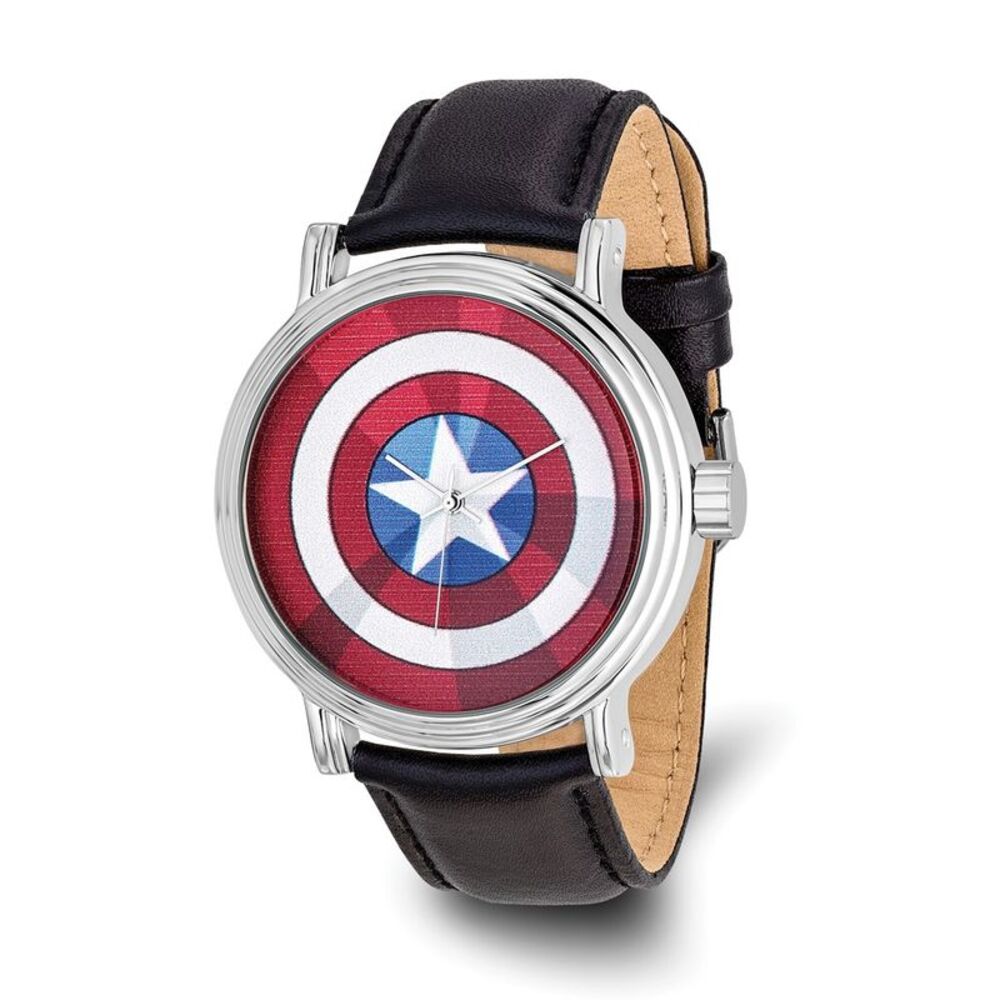 Marvel Adult Size Captain America Black Leather Band Watch